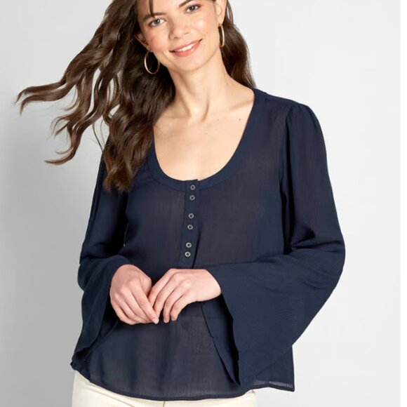 Modcloth Tops - NWOT ModCloth Bells & Giggles Sheer Blouse Navy Blue Flare Sleeve Boho Size XL